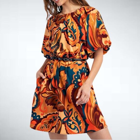 Size 1X Easel Los Angeles Paisley Bubble Sleeve Dress in Multicolor - Picture 2 of 11